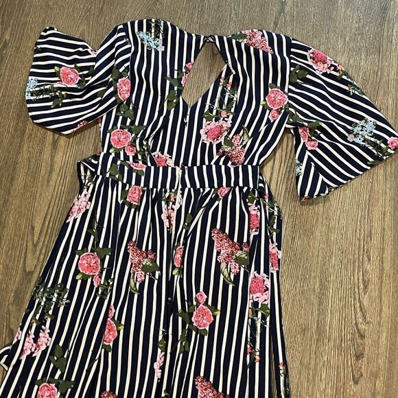 J For Justify Floral High-Low Romper Dress Flutter Sleeve Striped Navy White S - Picture 8 of 11